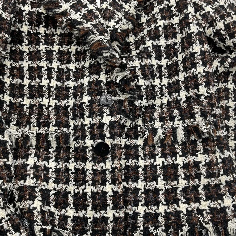 Avenue Montaigne Paris Brown Black Houndstooth Tweed Wool Blend Fringe Jacket 3